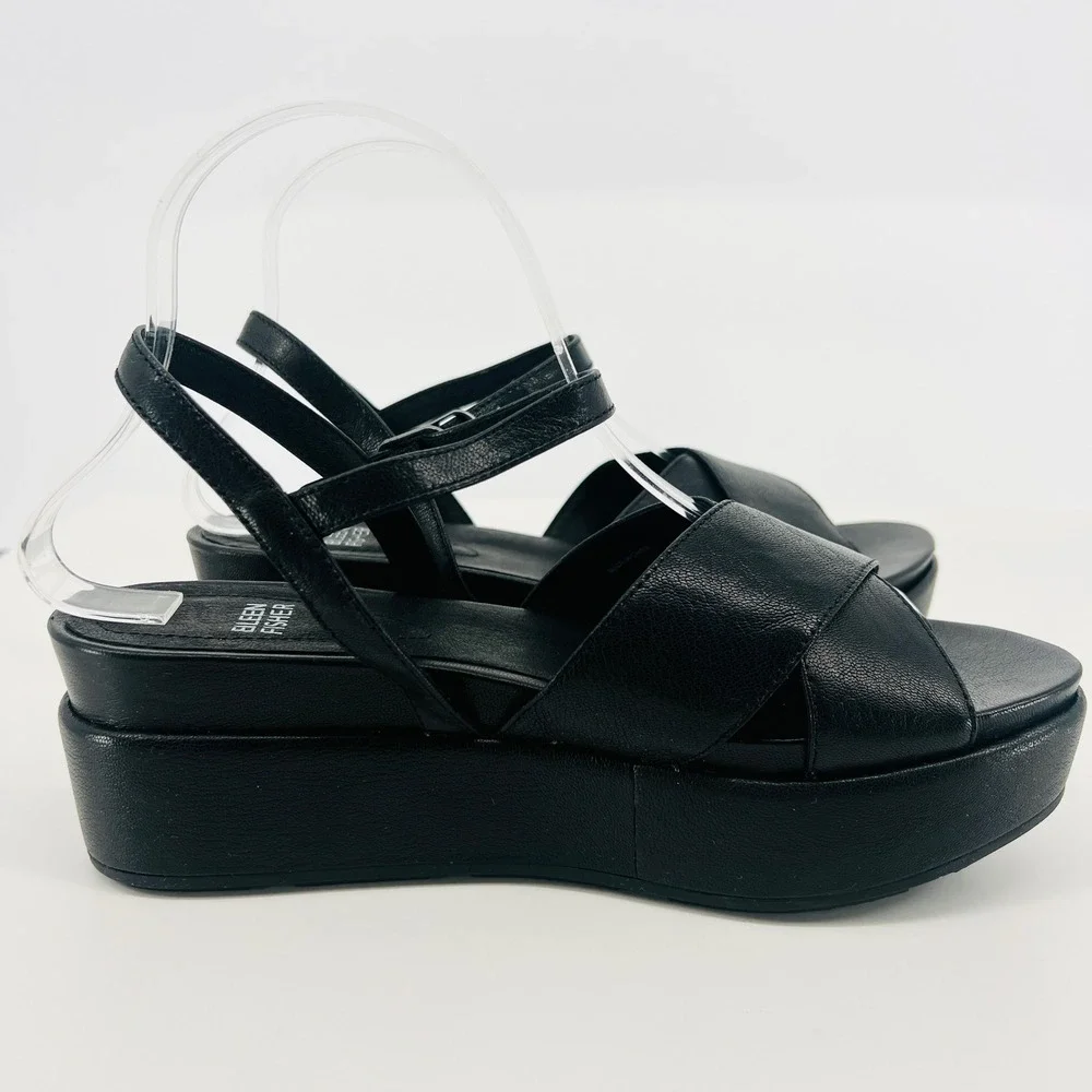 Eileen Fisher Juno Platform Sandals Women 8 Black Leather Chunky Strappy Buckle